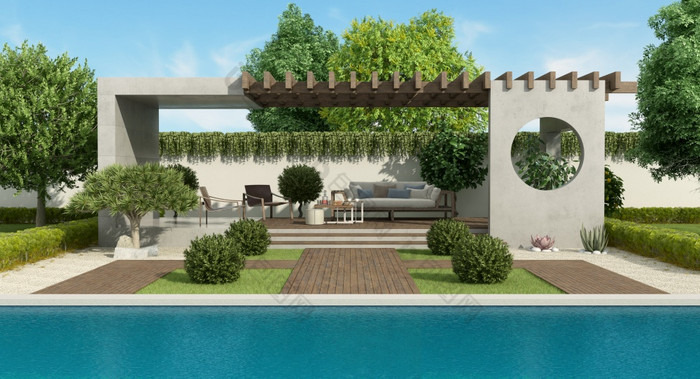 奢侈品花园与混凝土露台户外家具和大游泳pool-d呈现奢侈品花园与混凝土露台和大游泳池