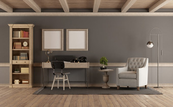 经典风格生活房间与木书柜桌子上和扶手椅呈现经典风格生活房间与复古的家具呈现