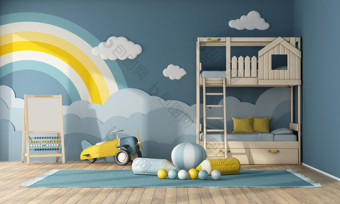 室内孩子们房间与双层床上装饰对象蓝色的墙和玩具呈现室内孩子们房间与木双层床上