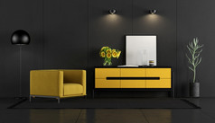 黑色的混凝土房间与黄色的扶手椅和餐具柜呈现黑色的和黄色的房间与扶手椅和餐具柜