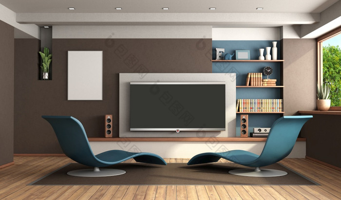 现代生活房间与首页电影系统和两个蓝色的一种轻马车休息室呈现现代生活房间与首页电影系统
