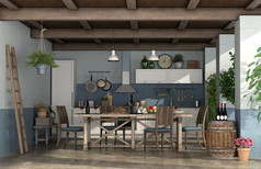 老阳台与厨房乡村风格和木餐厅表格呈现老阳台与厨房乡村风格