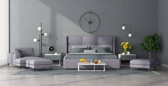 <strong>极简主义</strong>生活房间与淡紫色沙发和一种轻马车休息室清晰的蓝色的墙呈现<strong>极简主义</strong>主卧室与淡紫色家具