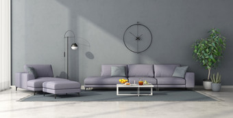 <strong>极简主义</strong>生活房间与淡紫色沙发和一种轻马车休息室清晰的蓝色的墙呈现<strong>极简主义</strong>生活房间与淡紫色家具