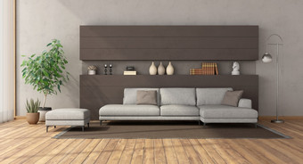 现代生活房间与优雅的沙发棕色（的）混凝土墙与装饰对象呈现现代生活房间与白色沙发棕色（的）混凝土墙