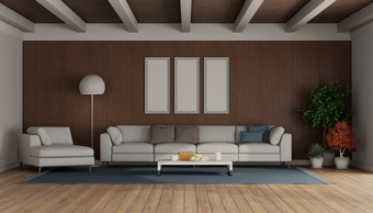 生活房间与白色现代沙发和一种轻马车休息室木镶板呈现生活房间与现代沙发和一种轻马车休息室木镶板