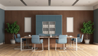 现代董事会与会议表格办公室椅子和木面板背景呈现现代董事会与蓝色的家具和木面板背景