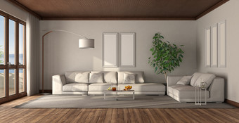 极简主义白色生活房间与木天花板和优雅的沙发呈现极简主义白色生活房间与木天花板