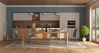 白色和蓝色的现代厨房与餐厅表格椅子和木天花板呈现现代厨房与木表格和蓝色的椅子