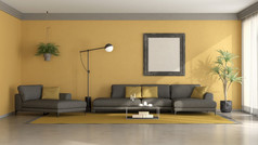 黑色的和黄色的极简主义生活房间与沙发一种轻马车休息室和地板上灯呈现黑色的和黄色的极简主义生活房间