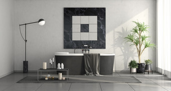极简主义黑色的和白色浴室与优雅的浴缸呈现极简主义黑色的和白色浴室