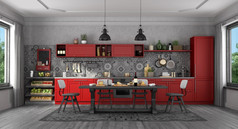 红色的经典风格厨房与黑色的木表格和椅子呈现黑色的和红色的经典风格厨房与木表格和椅子