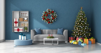 蓝色的生活房间与圣诞节树和色彩斑斓的礼物呈现蓝色的生活房间与圣诞节装饰