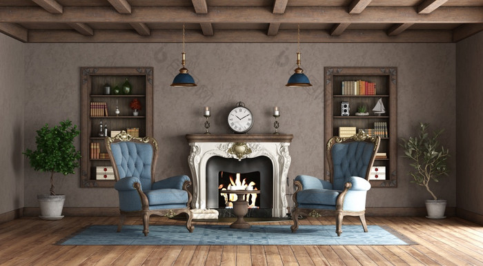经典风格生活房间与壁炉蓝色的扶手椅和木书架墙呈现经典风格生活房间与壁炉和蓝色的扶手椅