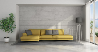 极简主义生活房间与黄色的沙发对混凝土墙呈现极简主义生活房间与黄色的沙发