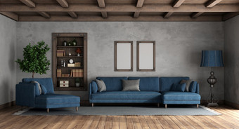 生活房间复古的风格与现代沙发扶手椅和书柜呈现生活房间复古的风格与现代沙发