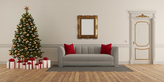 经典风格生活房间与圣诞节树优雅的沙发和关闭通过呈现经典风格生活房间与圣诞节树