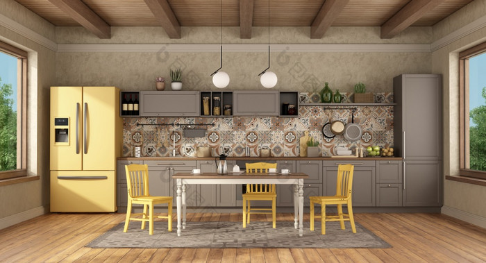棕色（的）和黄色的古董厨房与餐厅表格和椅子呈现古董厨房与餐厅表格和黄色的椅子