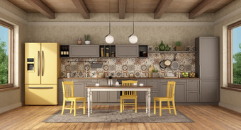 棕色（的）和黄色的古董厨房与餐厅表格和椅子呈现古董厨房与餐厅表格和黄色的椅子