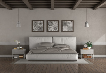 最小值双床上老房间与木天花板和硬木地板上呈现现代双床上老房间