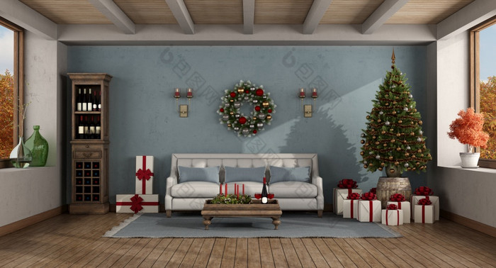 复古的生活房间与圣诞节树和礼物呈现复古的生活房间与圣诞节装饰