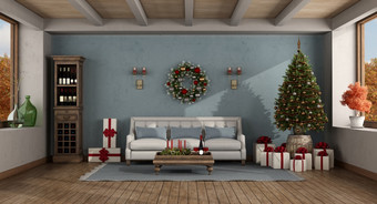 复古的生活房间与圣诞节树和礼物呈现复古的生活房间与圣诞节装饰