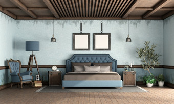 蓝色的复古的卧室与<strong>经典</strong>风格双床上老扶手椅和地板上灯呈现蓝色的复古的卧室与<strong>经典</strong>风格双床上