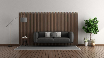 现代生活房间与黑色的皮革沙发前面木面板呈现现代生活房间与黑色的皮革沙发前面木面板