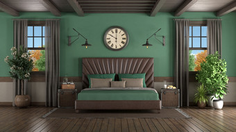 皮革双床上<strong>绿色</strong>房间与两个木窗户呈现<strong>绿色复古</strong>的卧室与皮革双床上