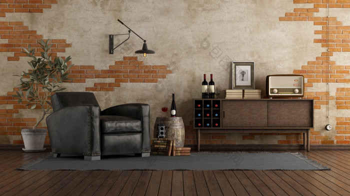 复古的风格生活房间与黑色的皮革扶手椅木餐具柜和砖墙呈现复古的风格生活房间与古董家具