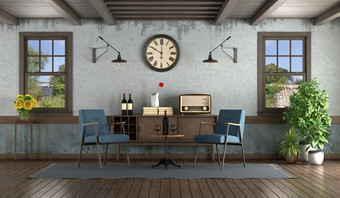 复古的风格生活房间与扶手椅餐具柜和木窗户呈现复古的风格生活房间与扶手椅和餐具柜
