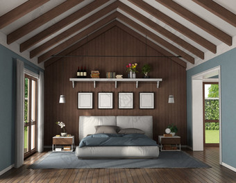 优雅的卧室与木墙<strong>后面</strong>现代双床上和床头柜上呈现优雅的主卧室与木墙<strong>后面</strong>双床上