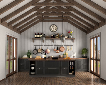 复古的风格厨房与岛房间与木屋顶桁架呈现复古的风格厨房房间与木屋顶桁架