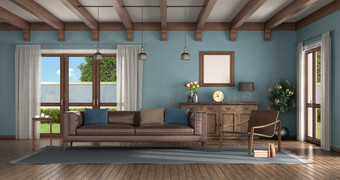 经典风格生活房间与现代扶手椅皮革沙发和老餐具柜背景呈现经典风格生活房间与蓝色的墙