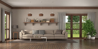 优雅的沙发大生活房间与木架子上与书背景呈现优雅的沙发大生活房间