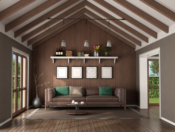 生活房间与木墙后面皮革沙发和天花板与屋顶梁,呈现优雅的生活房间与木墙后面皮革沙发