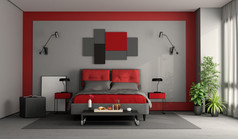 红色的和灰色的现代主卧室与双床上和咖啡表格与早餐呈现红色的和灰色的现代主卧室