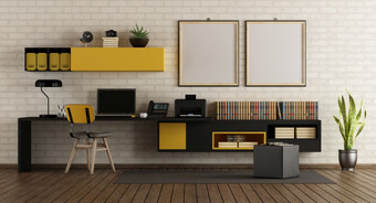 现代首页办公室与黑色的和黄色的家具对白色砖墙呈现现代首页办公室与黑色的和黄色的家具