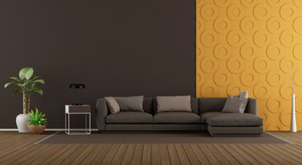 现代生活房间与沙发对皮革和木镶板呈现现代生活房间与沙发对镶板