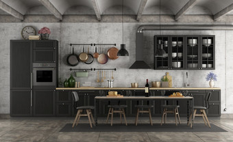 复古的黑色的厨房难看的东西室内与餐厅表格呈现复古的黑色的厨房难看的东西室内