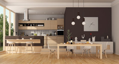 现代木厨房与岛和餐厅表格呈现现代木和棕色（的）厨房