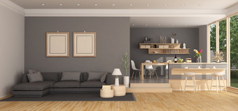 莫德生活房间与黑色的沙发和木餐厅表格呈现莫德生活房间与沙发和餐厅表格