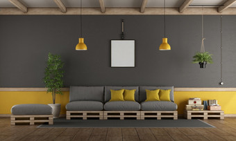 灰色的和黄色的生活房间与<strong>托盘</strong>沙发脚凳和咖啡表格呈现灰色的和黄色的生活房间与<strong>托盘</strong>沙发