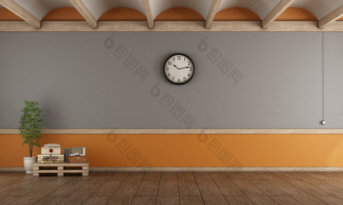 空灰色的和橙色生活房间与托盘咖啡表格呈现空灰色的和橙色生活房间