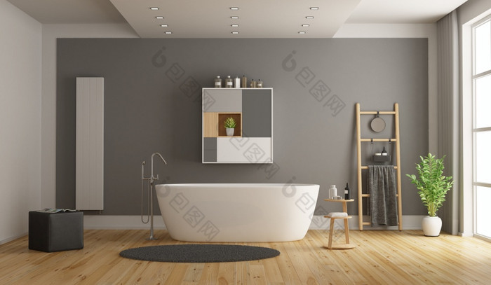 极简主义白色和灰色的浴室与浴缸呈现极简主义白色和灰色的浴室