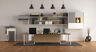 现代办公室与大桌子上书柜和影印机呈现现代办公室与桌子上和书柜