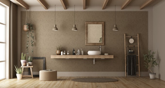 优雅的浴室与脸盆木架子上呈现极简主义浴室与脸盆