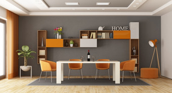 现代餐厅房间与表格椅子和书柜背景呈现灰色的和橙色餐厅房间