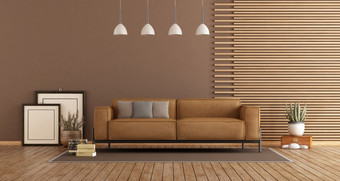 现代生活房间与皮革沙发木镶板和棕色（的）墙呈现现代生活房间与沙发和木镶板