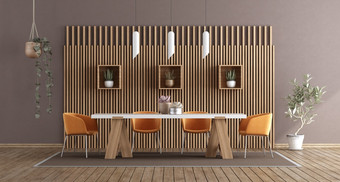 现代餐厅房间与表格和椅子对木镶板呈现餐厅房间与白色表格和橙色椅子